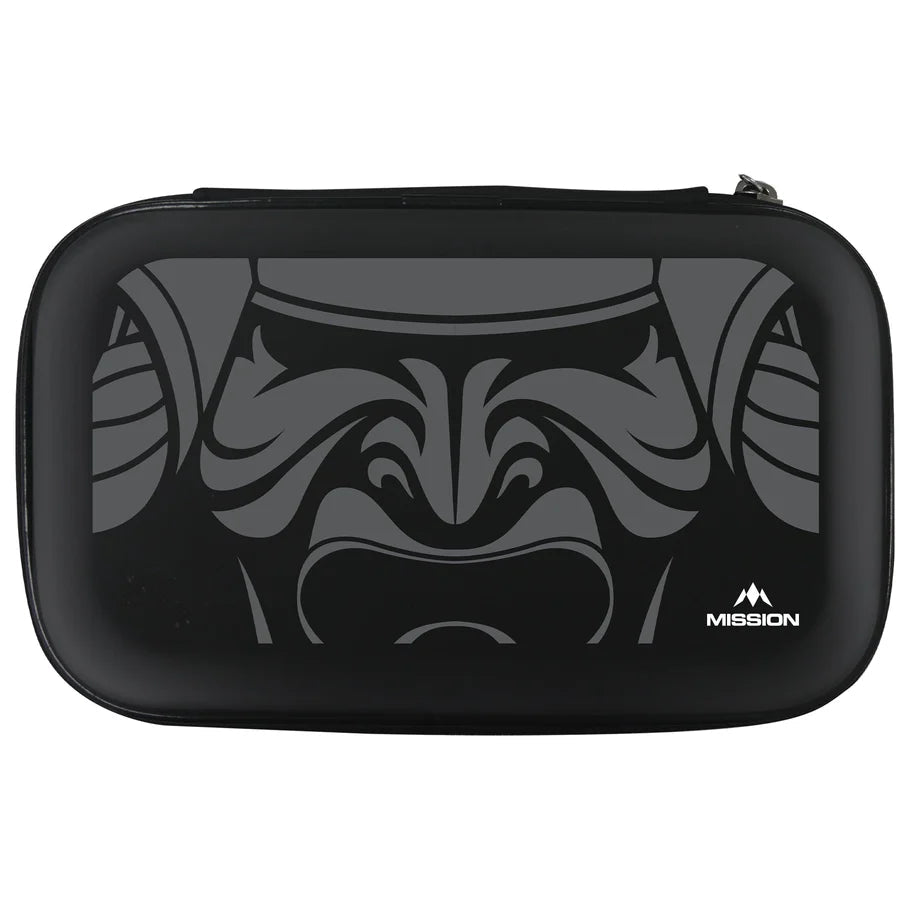 Full view of closed grey EVA darts case with bold samurai graphic, protective storage for two dart sets