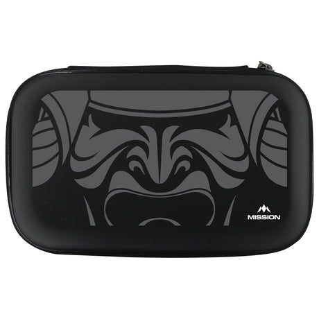 Full view of closed grey EVA darts case with bold samurai graphic, protective storage for two dart sets