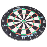 Round dartboard coaster with detailed numbered segments and infinity graphic, angled view on white background