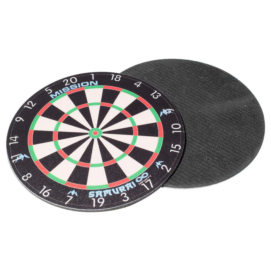 Angled view of two round dartboard coasters, one with detailed board design and numbers, one showing black textured base