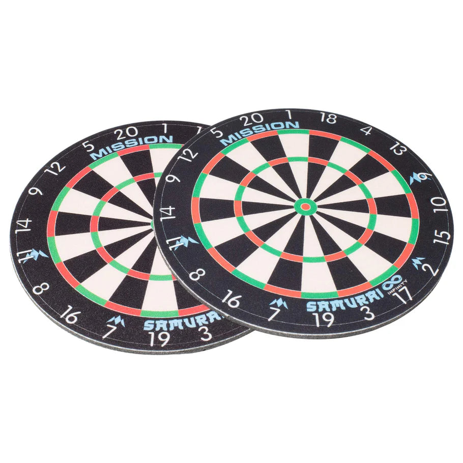 Pair of round dartboard coasters with detailed board pattern, top-down display, isolated on white background for darts fans