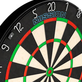 Close-up angled view of professional dartboard with high-visibility number ring and thin wire segments, ideal for competition play