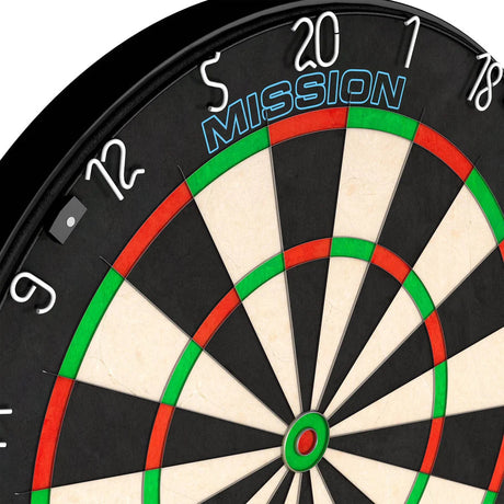 Close-up angled view of professional dartboard with high-visibility number ring and thin wire segments, ideal for competition play