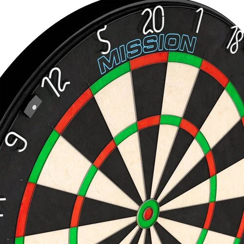 Close-up angled view of professional dartboard with clearly visible wiring, number ring, and vibrant scoring zones