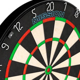 Close-up angled view of professional dartboard with clearly visible wiring, number ring, and vibrant scoring zones