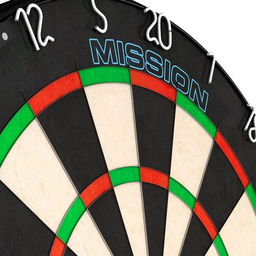 Close-up angled view of professional dartboard with detailed scoring zones, staple-free wiring, and ultra-visible segment design