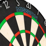 Close-up angled view of professional dartboard with detailed scoring zones, staple-free wiring, and ultra-visible segment design