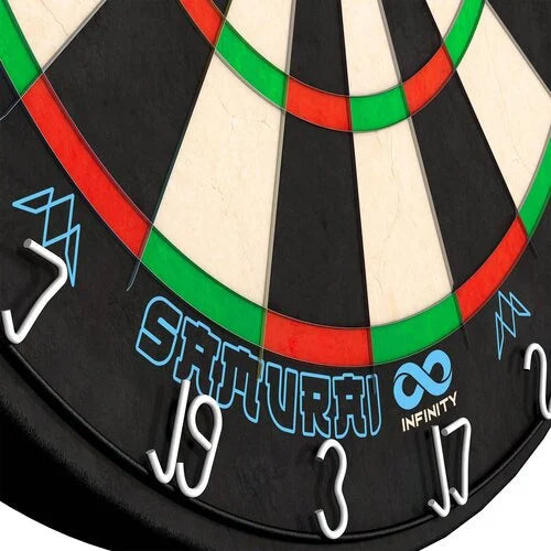 close-up angled shot of dartboard segment showing thin wiring, clear number ring, and bold Samurai Infinity logo for competition darts