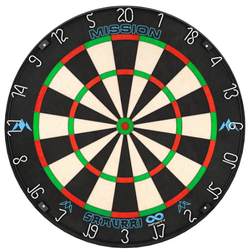 Professional dartboard full front view, crisp numbering, thin wire design, high-visibility black, white, red, and green scoring zones