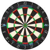 Professional dartboard full front view, crisp numbering, thin wire design, high-visibility black, white, red, and green scoring zones
