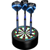 Three blue steel tip darts displayed upright in Samurai Infinity base station holder, isolated on white, with detailed grip and flights visible