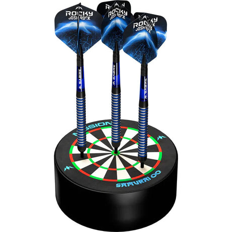 Three blue steel tip darts displayed upright in Samurai Infinity base station holder, isolated on white, with detailed grip and flights visible