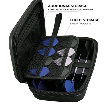Angled close-up of open darts case with zip pocket, eight flight storage slots, and three darts securely stored for easy organization.