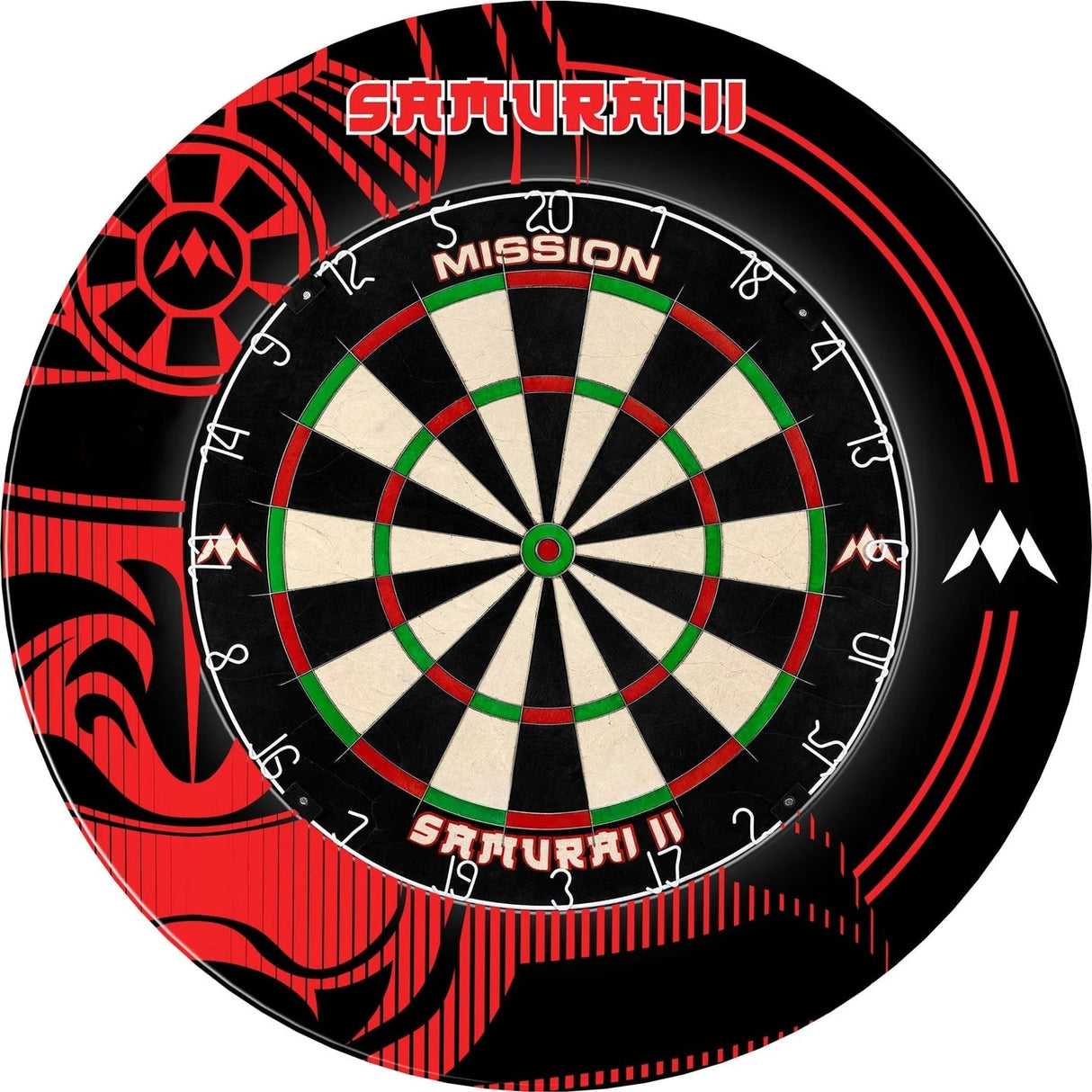 full view dartboard with red and black professional surround ring, clear segment markings and bold Samurai II graphics