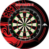 full view dartboard with red and black professional surround ring, clear segment markings and bold Samurai II graphics