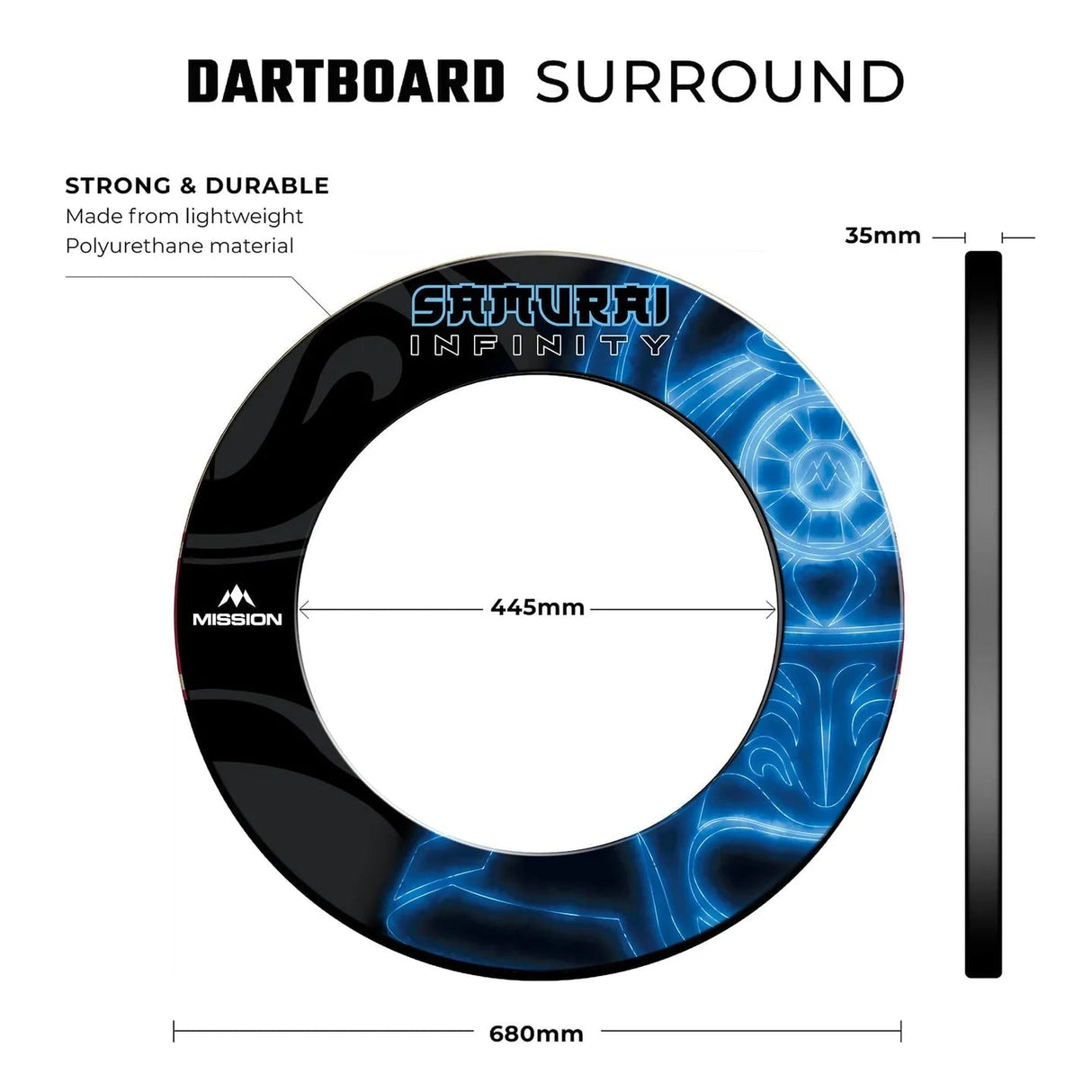 Top-down view of blue dartboard surround with neon design, size measurements, and side thickness profile for home dart setup