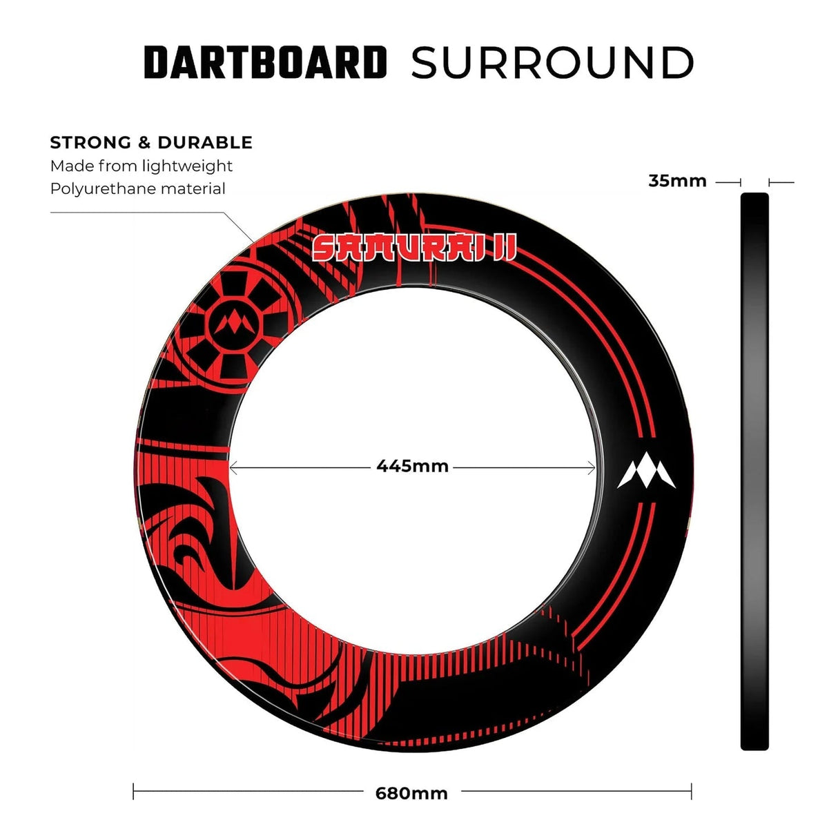 Red and black professional dartboard surround flat lay with 680mm outer diameter, 445mm inner diameter, 35mm thickness, technical specs