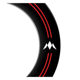 close-up angled view of professional dartboard surround black with red stripes, logo detail, dartboard accessory