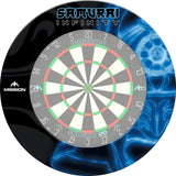 Professional dartboard surround full view with neon blue detailing, fits standard boards, protects wall, ideal for darts setup