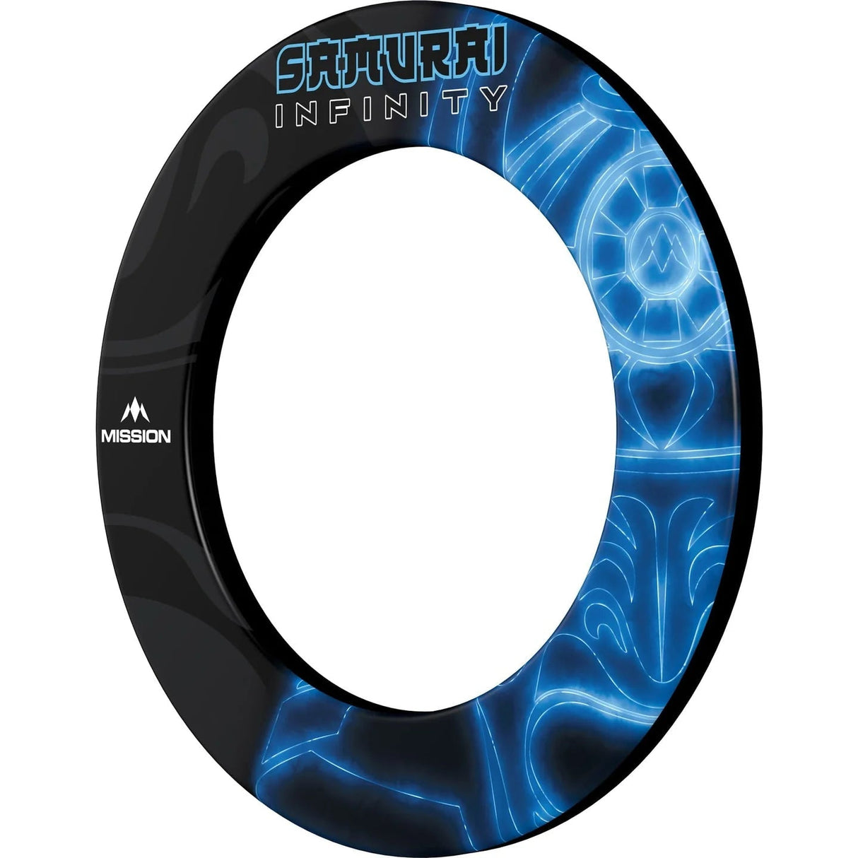 Professional dartboard surround ring full view with black and blue neon tribal design, isolated on white for darts setup