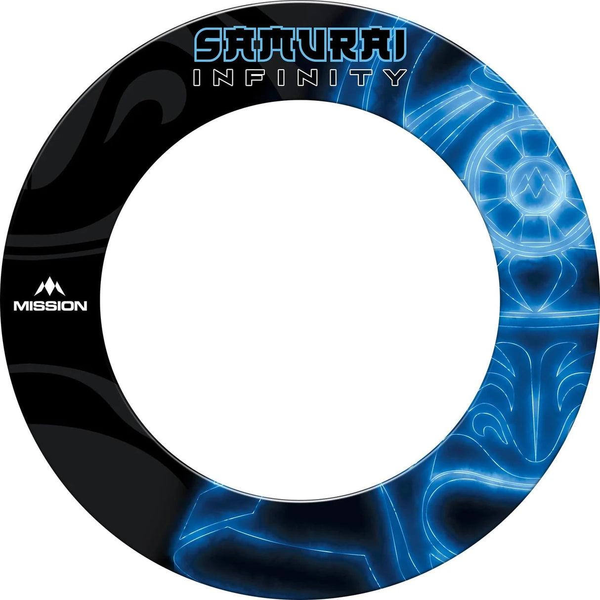 Full view dartboard surround ring with black and blue neon graphics, isolated on white background for darts setup