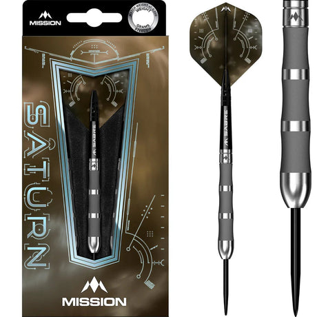 Steel tip dart in retail packaging with close-up of 90% tungsten barrel, textured grip rings, and Saturn-themed flight design