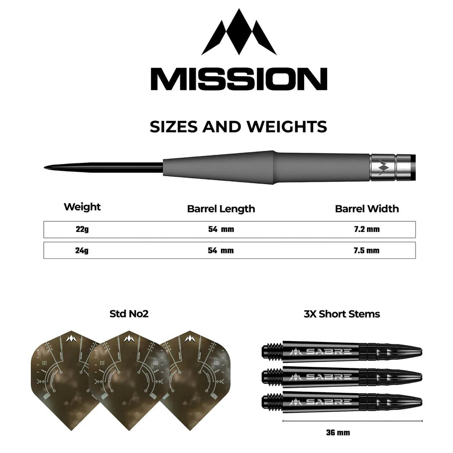 Full dart diagram with weight, barrel length, width chart, three camouflage flights, and three 36mm short stems for steel tip darts.
