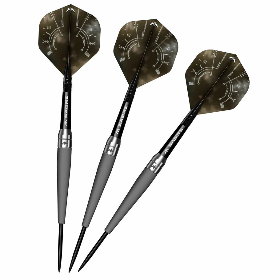 Three steel tip tungsten darts with grey grips and black patterned flights arranged on white background, full product angled view