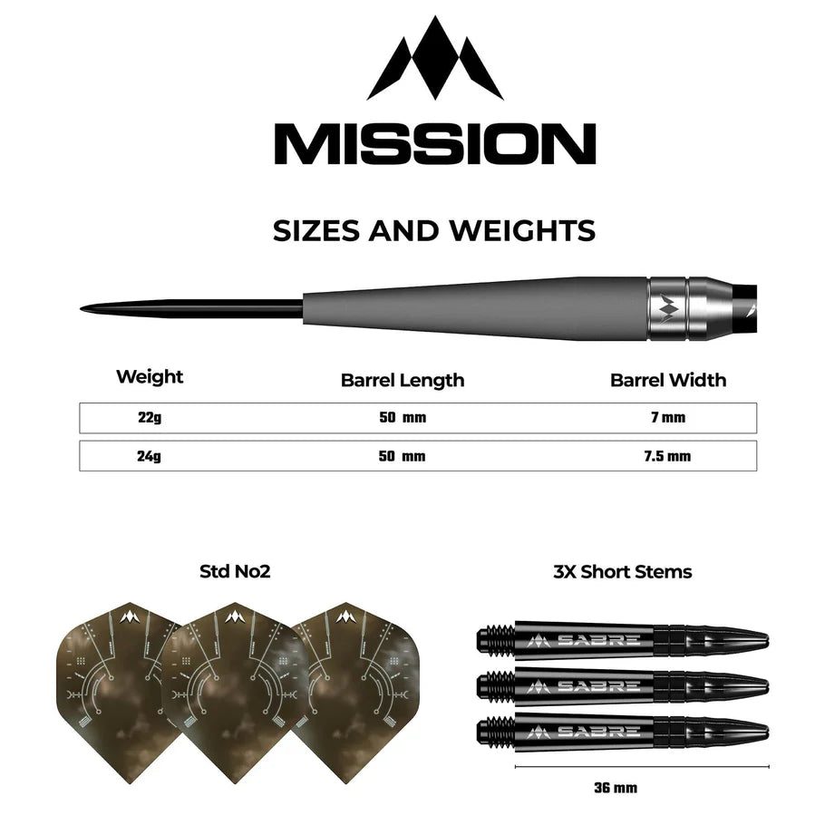 Steel tip dart diagram with size and weight chart, three standard No2 flights, and three short 36mm stems for tungsten darts.