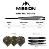 Steel tip dart diagram with size and weight chart, three standard No2 flights, and three short 36mm stems for tungsten darts.