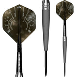 Steel tip darts with 90% tungsten barrel, close-up and full views showing textured grip, futuristic flights, and straight taper shaft