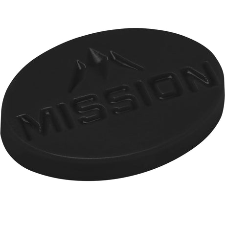 angled close-up of black scented grip wax puck for darts, embossed logo and texture detail, isolated on white background