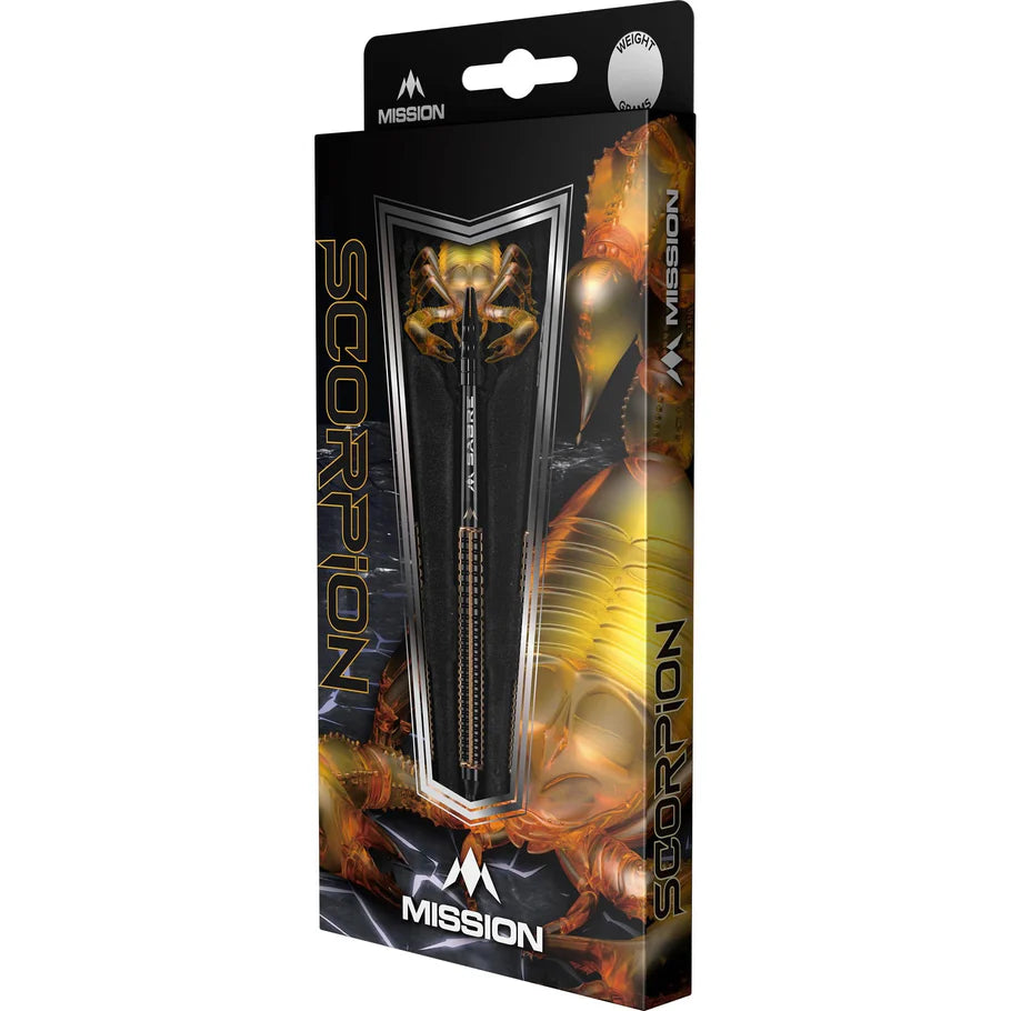 Angled view of 90% tungsten darts in retail packaging with scorpion design, full barrel and grip features visible for buyers