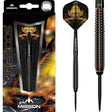 Steel tip tungsten dart with scorpion artwork shown in packaging and close-up, highlighting barrel grip texture and unique flight design.