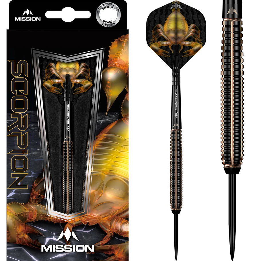 Steel tip tungsten dart with scorpion artwork shown in packaging and close-up, highlighting barrel grip texture and unique flight design.