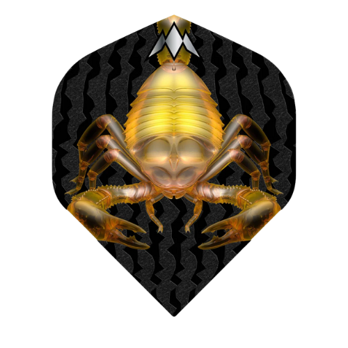 Full view dart flight with bold yellow scorpion design and textured black pattern, isolated on white background
