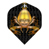 Full view dart flight with bold yellow scorpion design and textured black pattern, isolated on white background