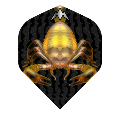 Full view dart flight with bold yellow scorpion design and textured black pattern, isolated on white background