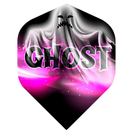 Close-up of dart flight with ghost motif, bold GHOST lettering, black and pink design, ideal for custom dart setup