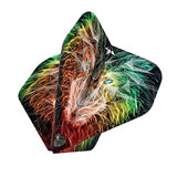 Close-up of No.2 dart flight set with vibrant multicolor lion design, isolated on white, highlighting detailed flight artwork