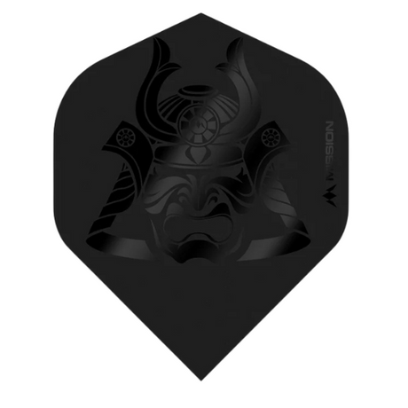 Black No.2 dart flight with glossy samurai helmet design, full view, isolated on white background, ideal for dart equipment upgrades