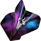 Close-up angled view of solo occult dart flight with sword and flame design, 100 micron thick, vibrant purple and blue pattern