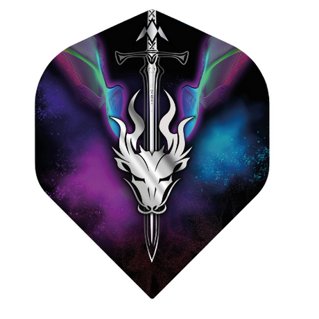 No.2 dart flight with silver sword and skull artwork, purple and blue accents, full product view on white background