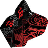 Angled close-up of three red and black No.2 dart flights with samurai graphic design, isolated for e-commerce display