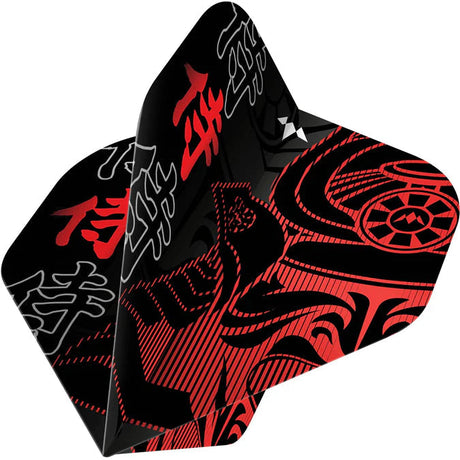 Angled close-up of three red and black No.2 dart flights with samurai graphic design, isolated for e-commerce display