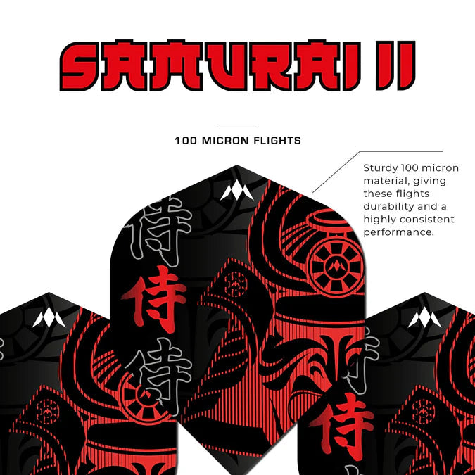 Close-up of three No.2 shape dart flights with red samurai design, 100 micron thickness, arranged on white background for durability focus