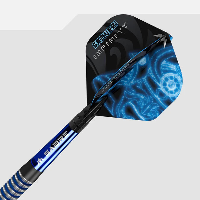 Angled close-up of Solo Samurai Infinity Blue No.2 dart flight showing detailed blue graphic design, attached to dart shaft, isolated on white.