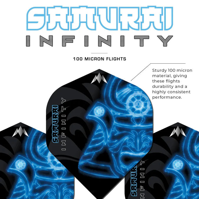 Close-up showing three Solo Samurai Infinity Blue No.2 dart flights with neon blue samurai design and 100 micron material callout