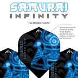 Close-up showing three Solo Samurai Infinity Blue No.2 dart flights with neon blue samurai design and 100 micron material callout