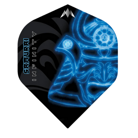 Close-up of Infinity Blue No.2 dart flight featuring neon blue samurai helmet artwork, single flight isolated on white background.